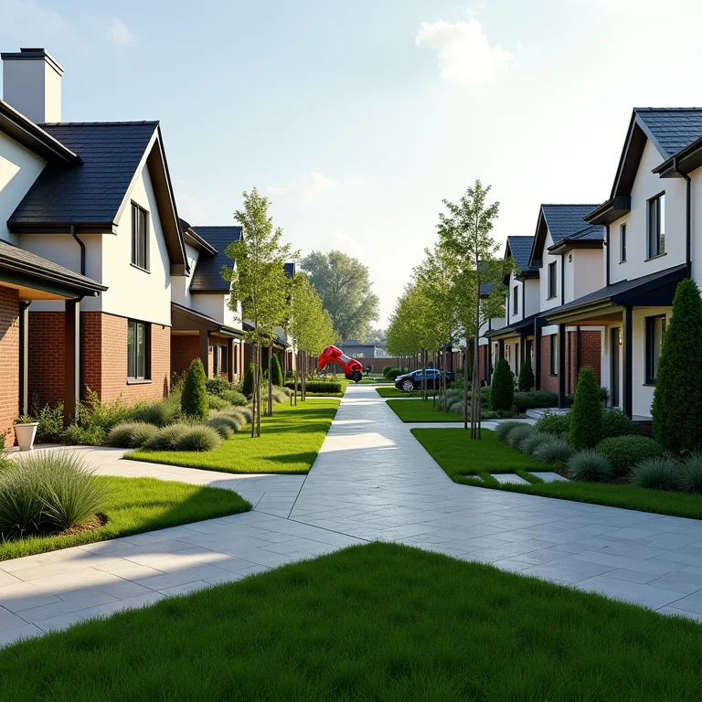 Bairro residencial moderno com casas, áreas verdes e playground