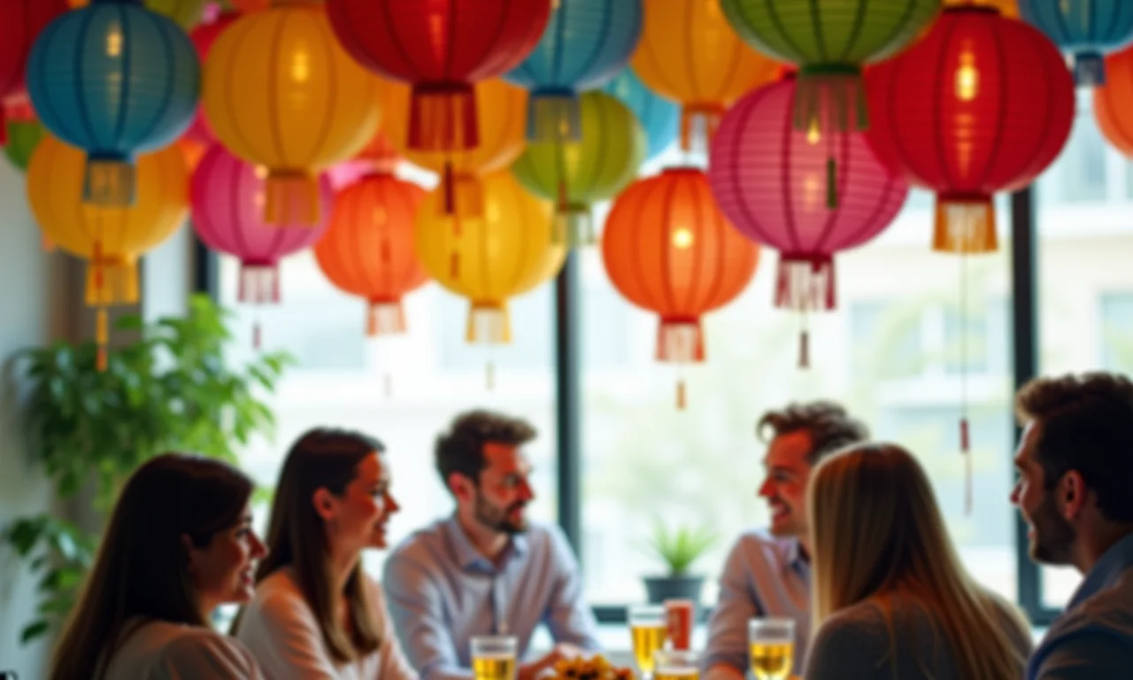 Balões e lanternas de papel coloridos decorando festa junina em escritório.