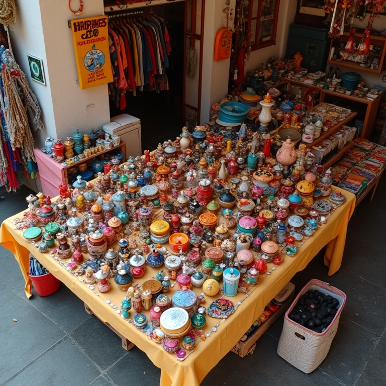 Banca de mercado de artesanato com diversos produtos feitos à mão, representando ideias lucrativas de baixo investimento.