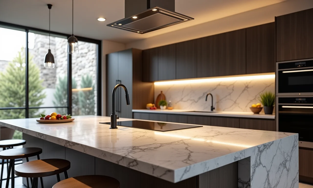 Bancada de granito em cozinha moderna, destacando durabilidade e elegância.