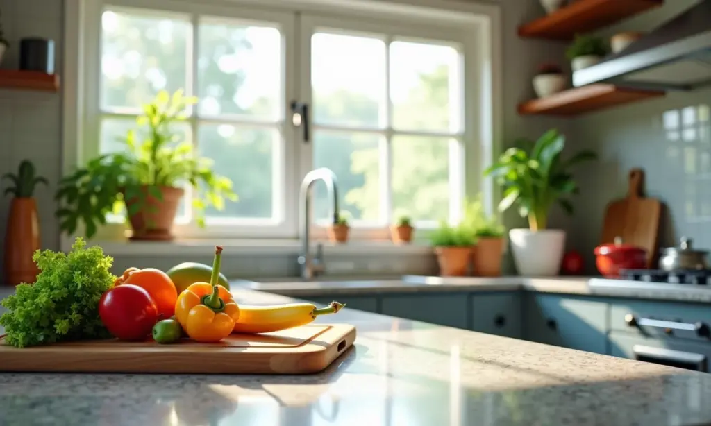 Bancada de granito em cozinha moderna e vibrante.