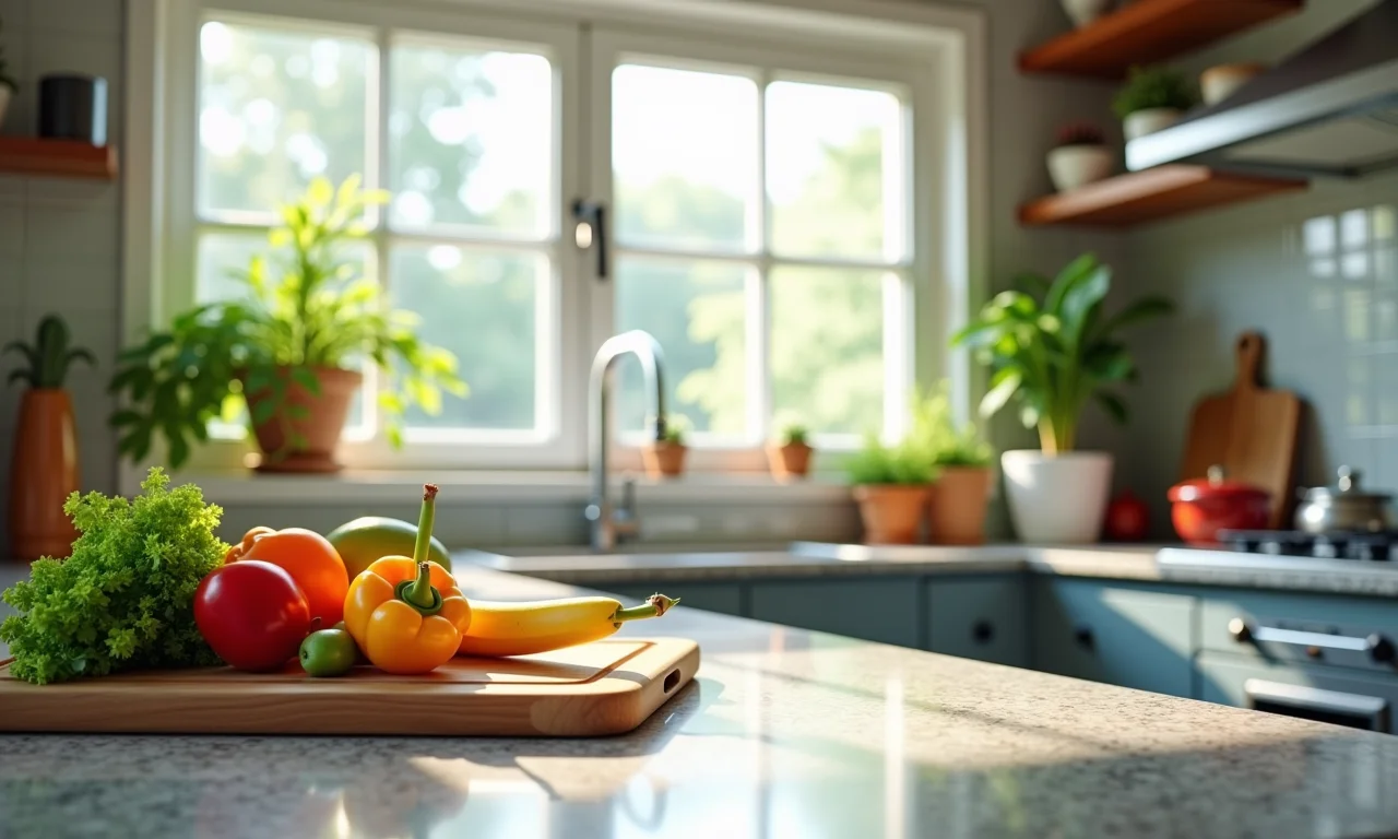 Bancada de granito em cozinha moderna e vibrante.
