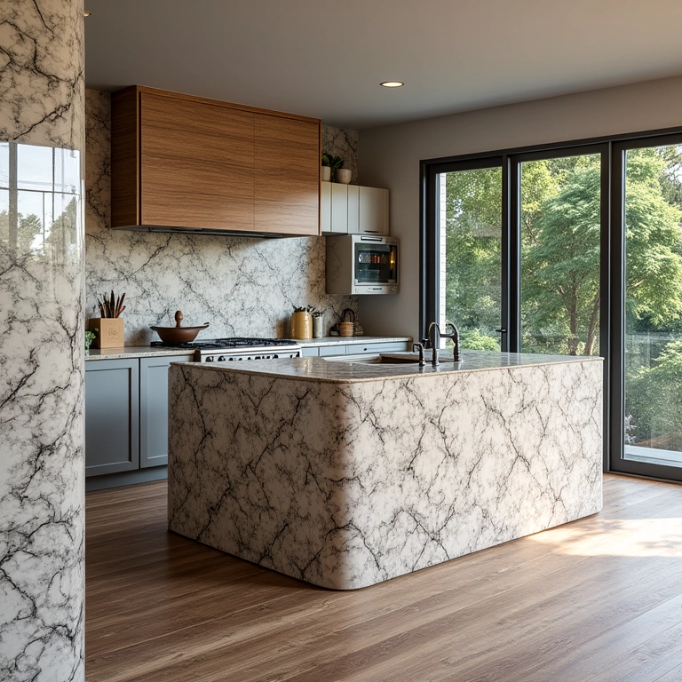 Bancadas e ilha da cozinha revestidas com azulejos portugueses.