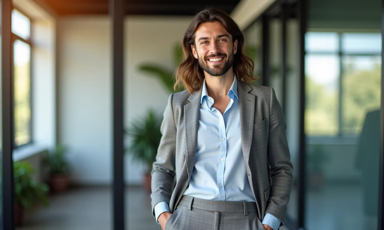 Bancária brasileira em calças de alfaiataria cinza e blusa sorrindo em escritório moderno.
