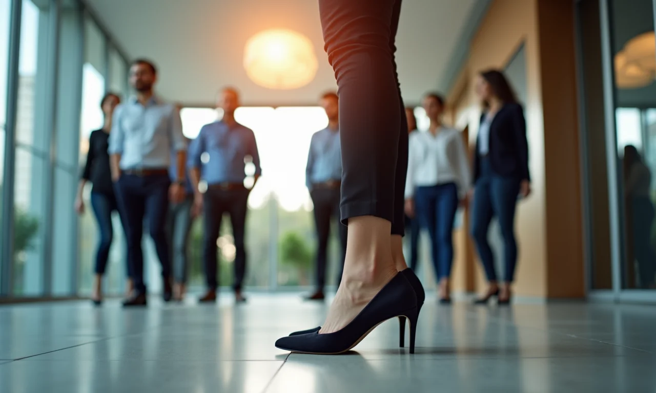 Bancária brasileira usando salto confortável em ambiente de banco moderno.