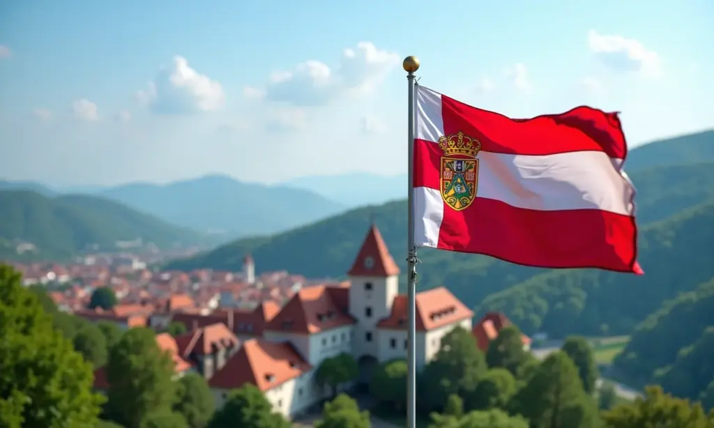 Bandeira do País Basco tremulando em frente a colinas verdejantes e arquitetura tradicional.