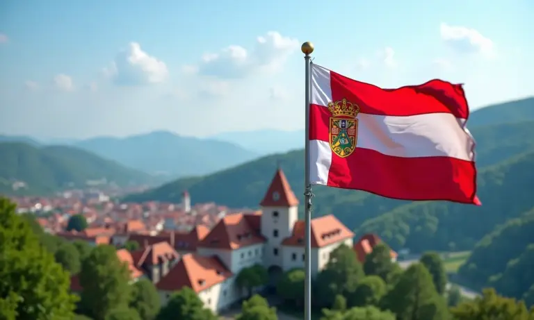 Bandeira do País Basco tremulando em frente a colinas verdejantes e arquitetura tradicional.