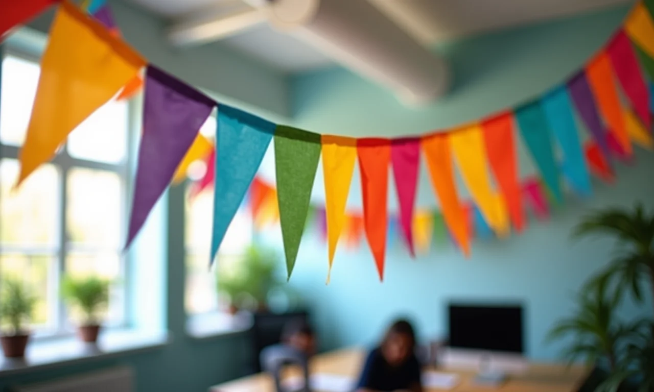 Bandeirinhas coloridas de Festa Junina decorando um escritório.