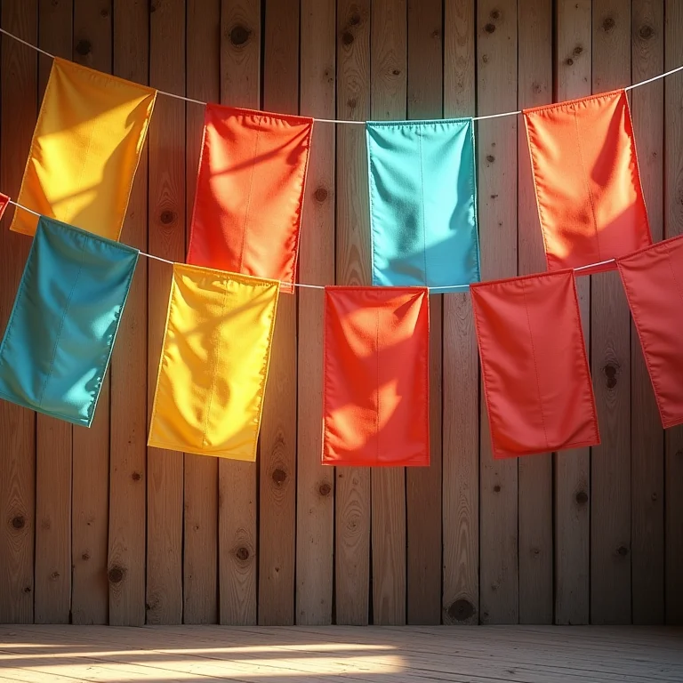 Bandeirinhas de tecido coloridas penduradas em fundo de madeira rústica