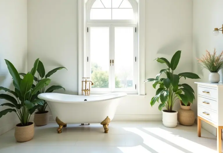 Banheiro decorado com luz natural e plantas