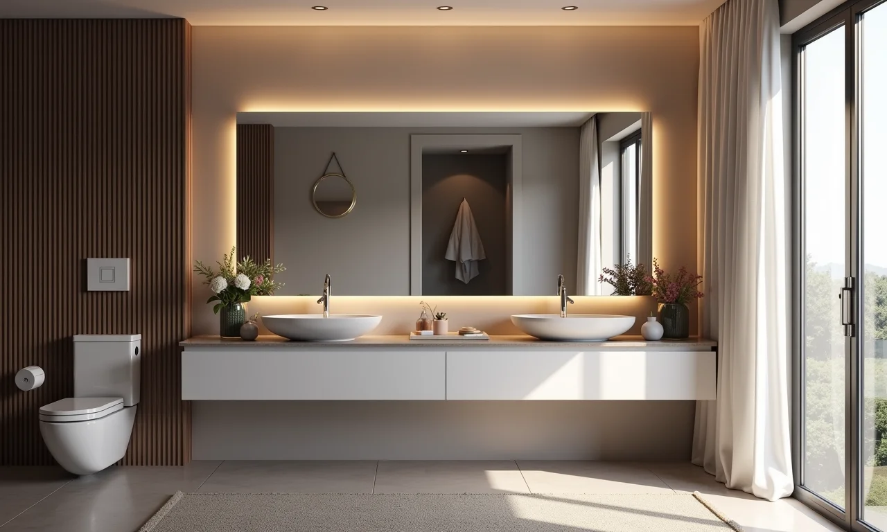 Banheiro estiloso com arandelas da Stella iluminando o espelho.