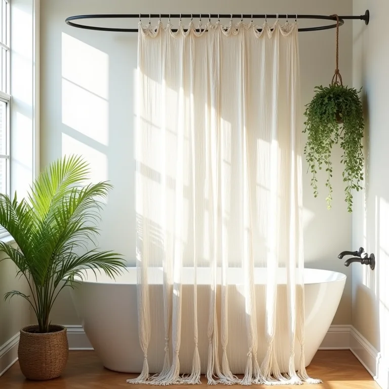 Banheiro original com cortina de macramê no box