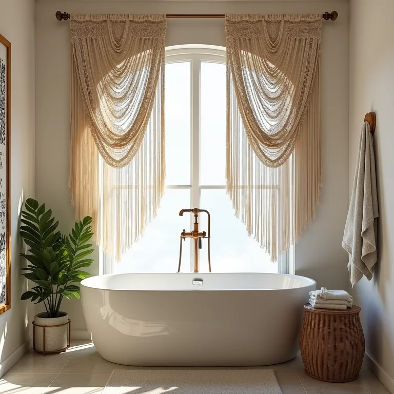 Banheiro original com cortinas de macramê