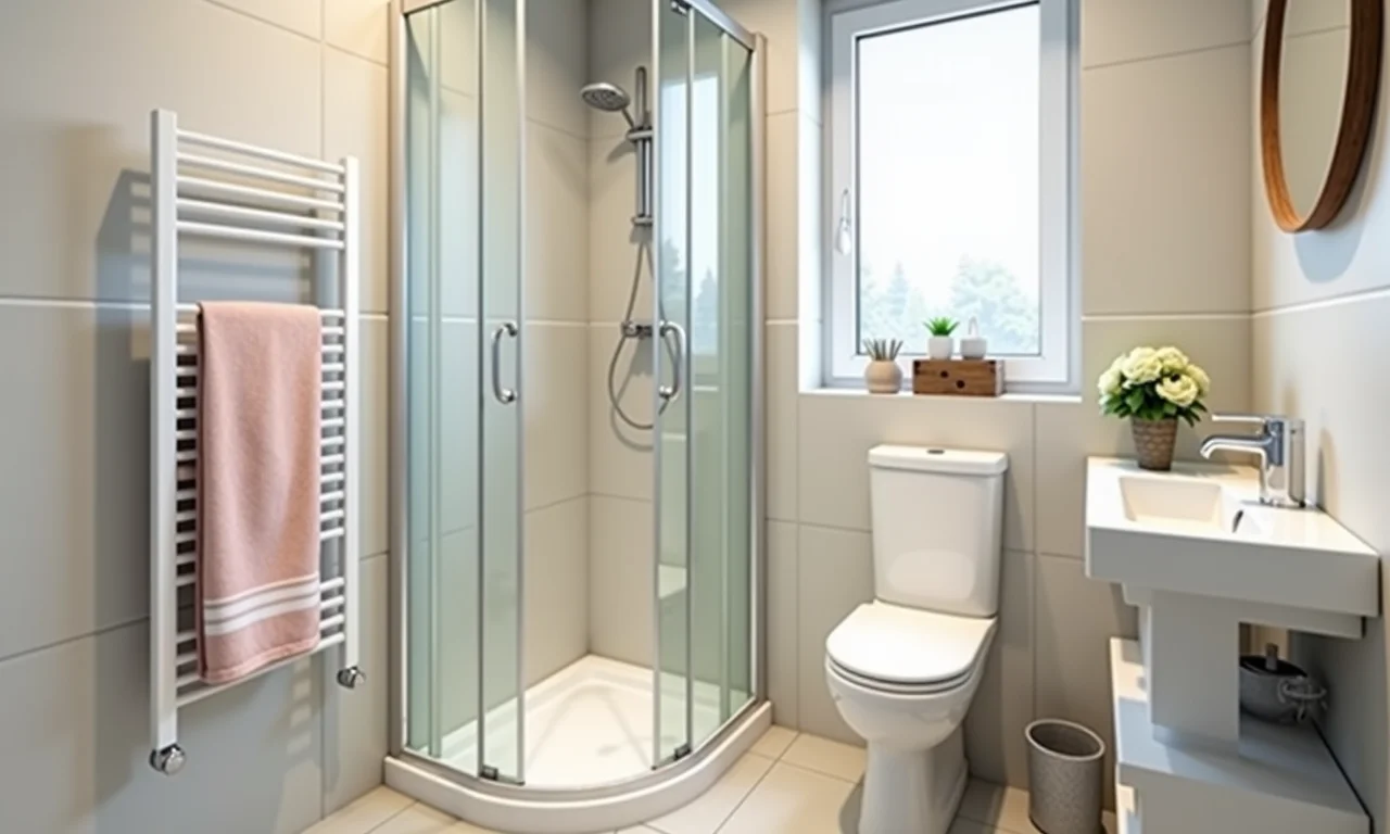 Banheiro pequeno com cores claras e box de canto.