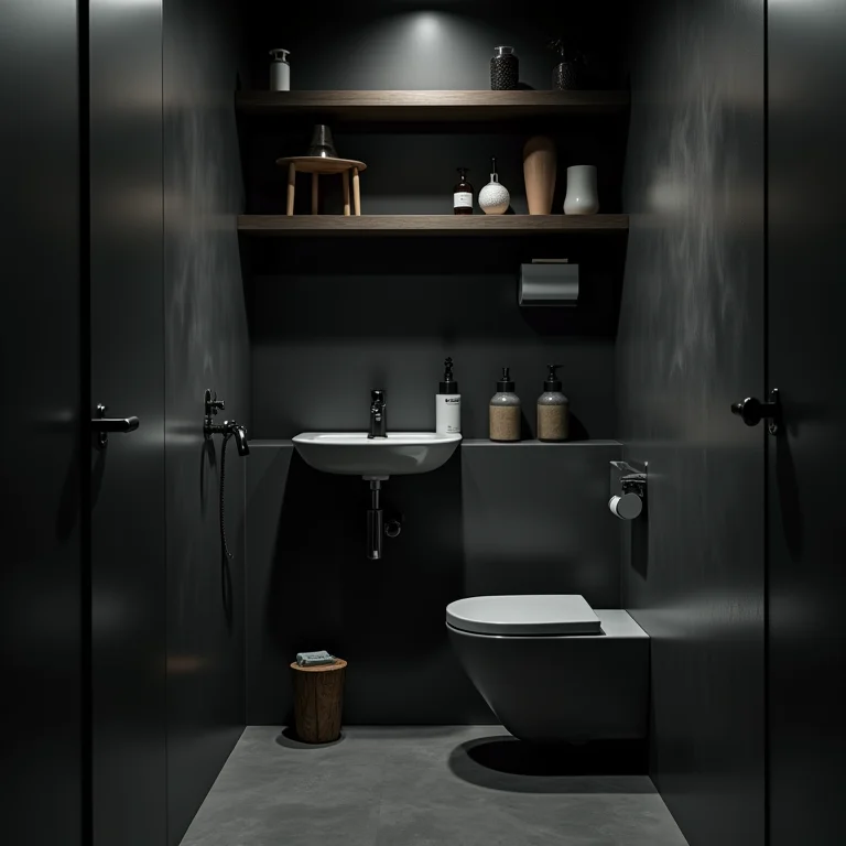 Banheiro pequeno com cores escuras e iluminação inadequada