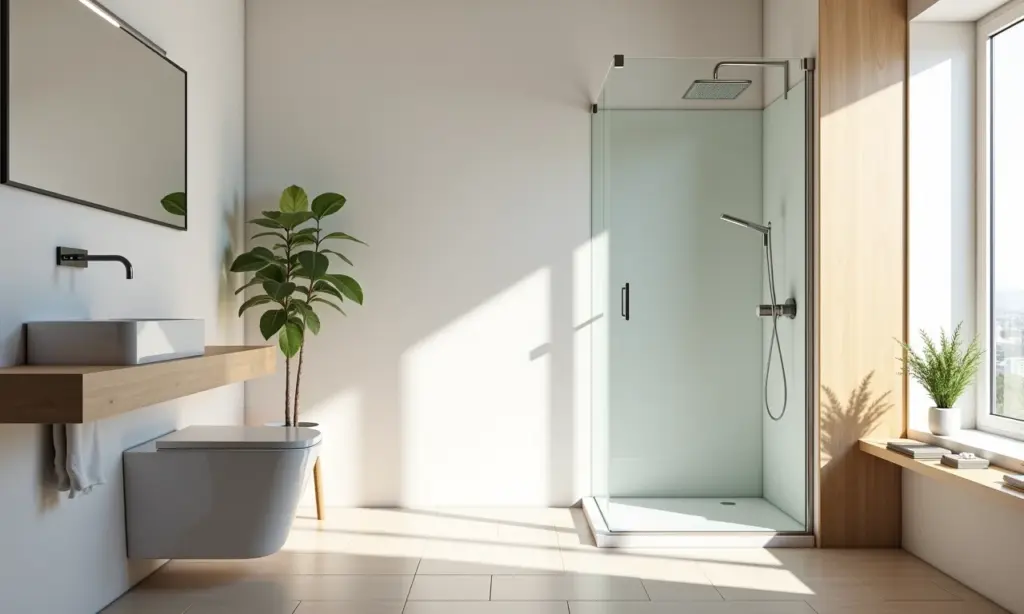 Box de Canto em Banheiro Pequeno: A Solução Inteligente Banheiro pequeno e moderno com box de canto, otimizando o espaço.