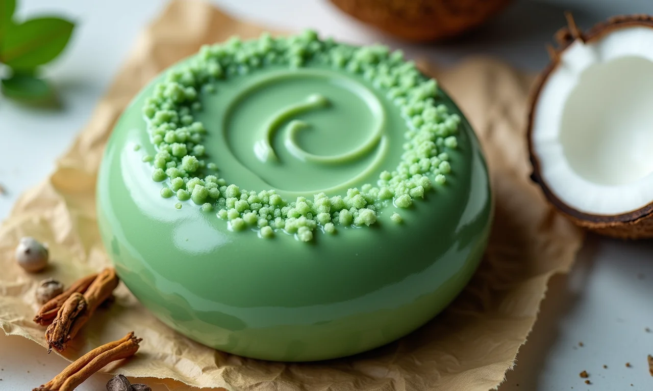 Barra de shampoo sólido detox com argila verde e ingredientes naturais.