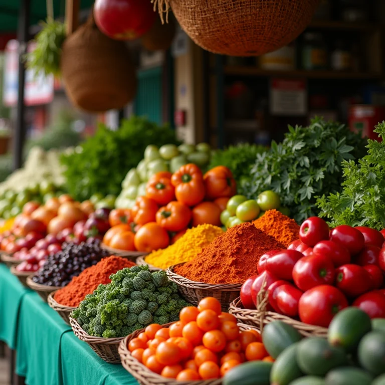 Barraca de mercado vibrante com frutas e vegetais frescos.