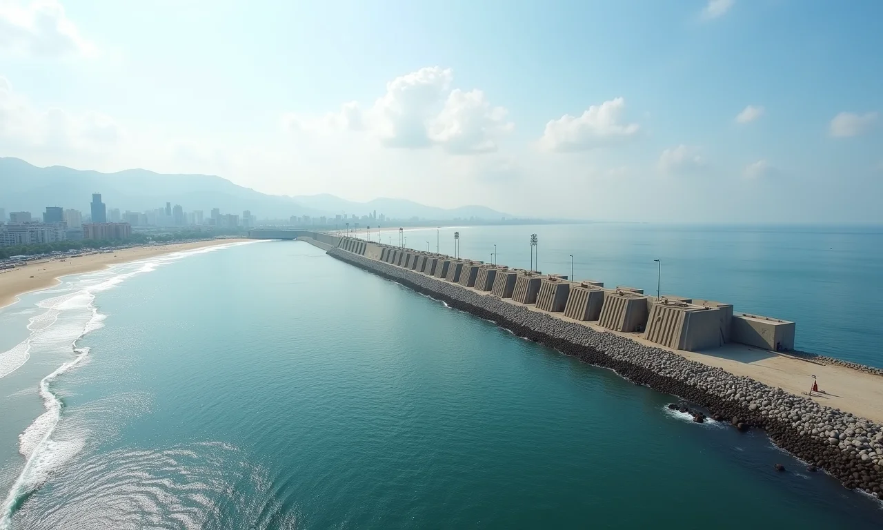 Barreira de proteção costeira defendendo uma cidade do avanço do mar.
