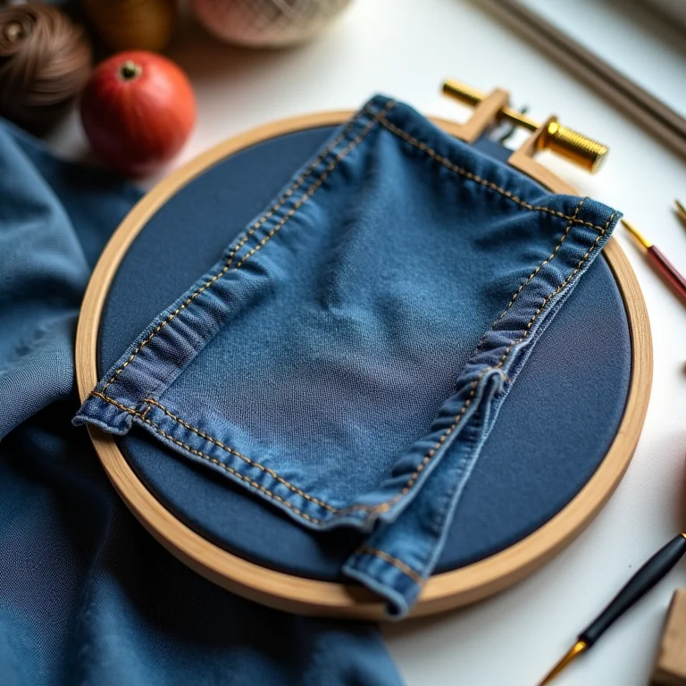 Bastidor de bordado estabilizando tecido jeans.