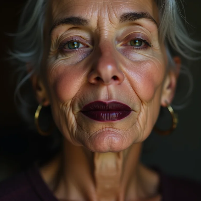 Batom escuro e matte marcando linhas de expressão