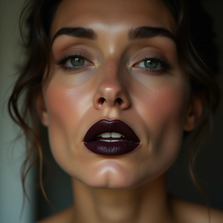 Batom escuro matte afinando os lábios maduros.