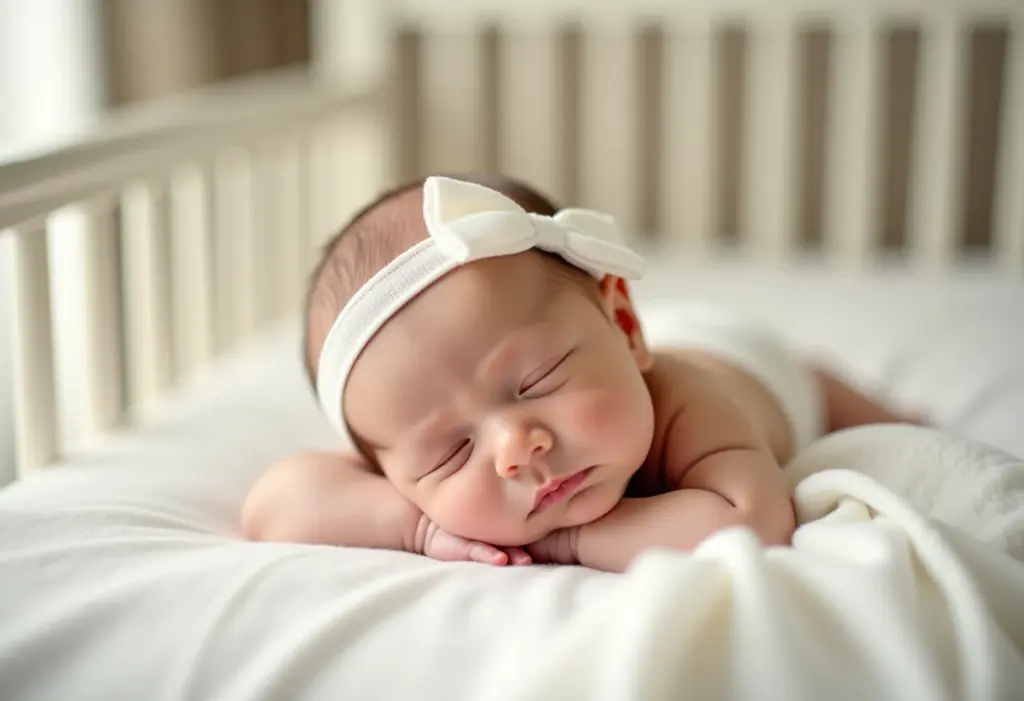 Bebê dormindo confortavelmente com tiara de laço delicado