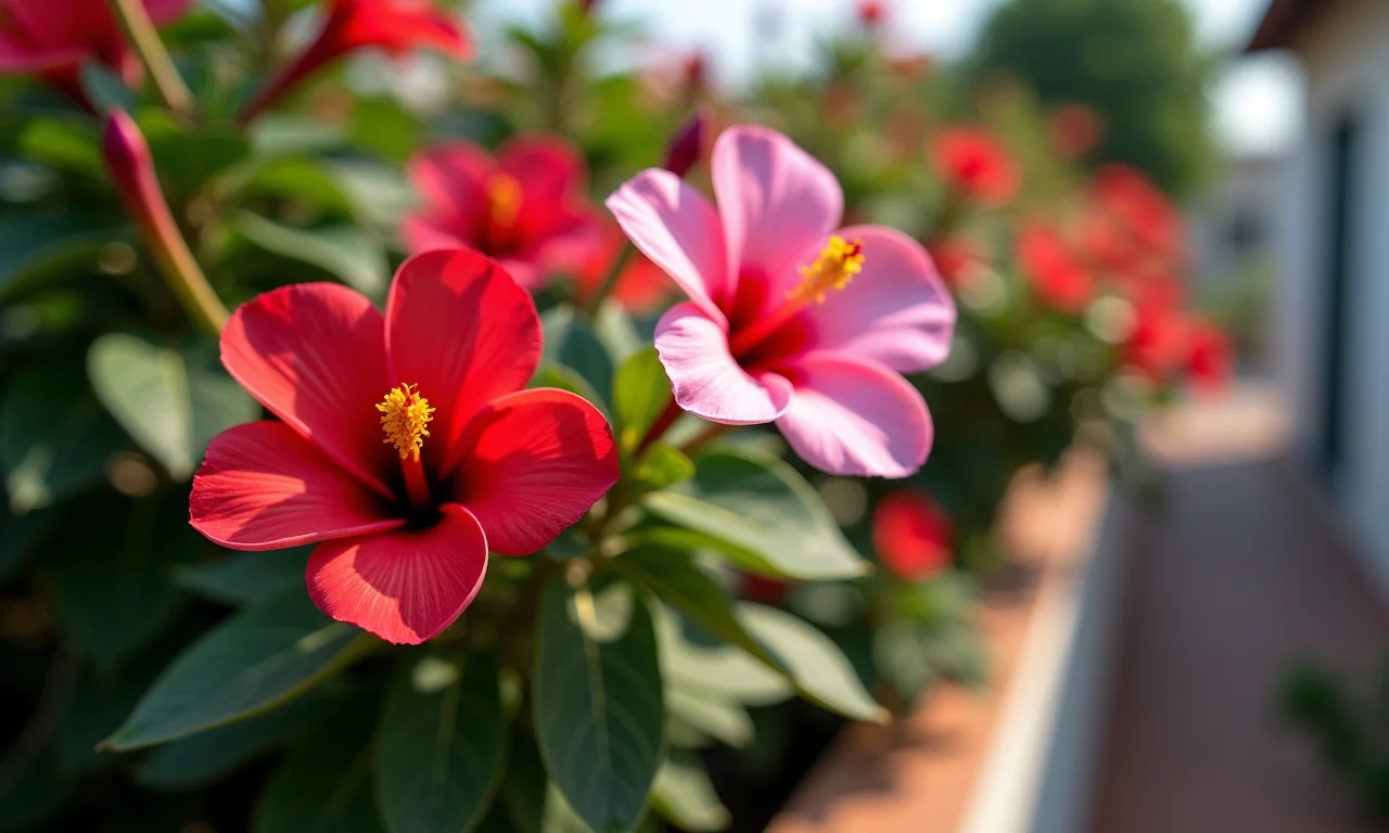 Begônia com flores vermelhas e rosas na varanda sombreada.