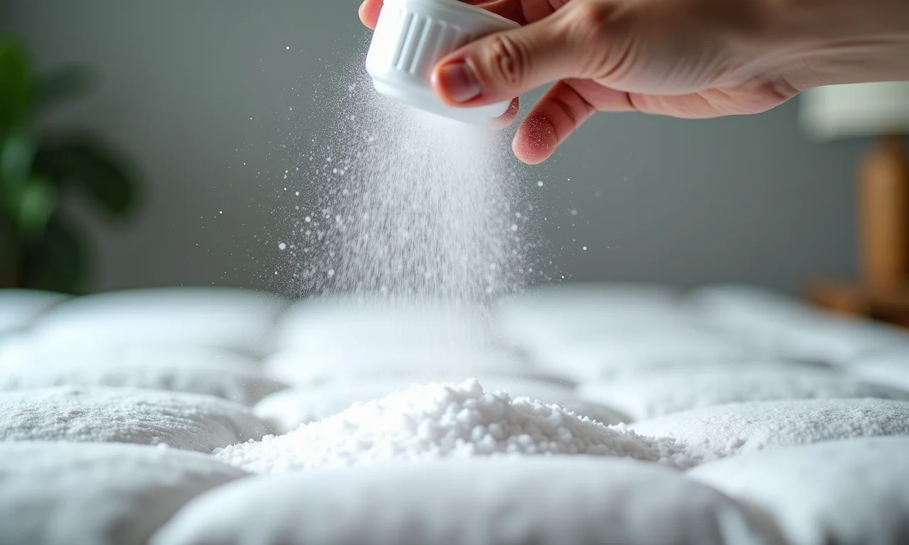 Bicarbonato de sódio sendo aplicado em um colchão para limpeza a seco.