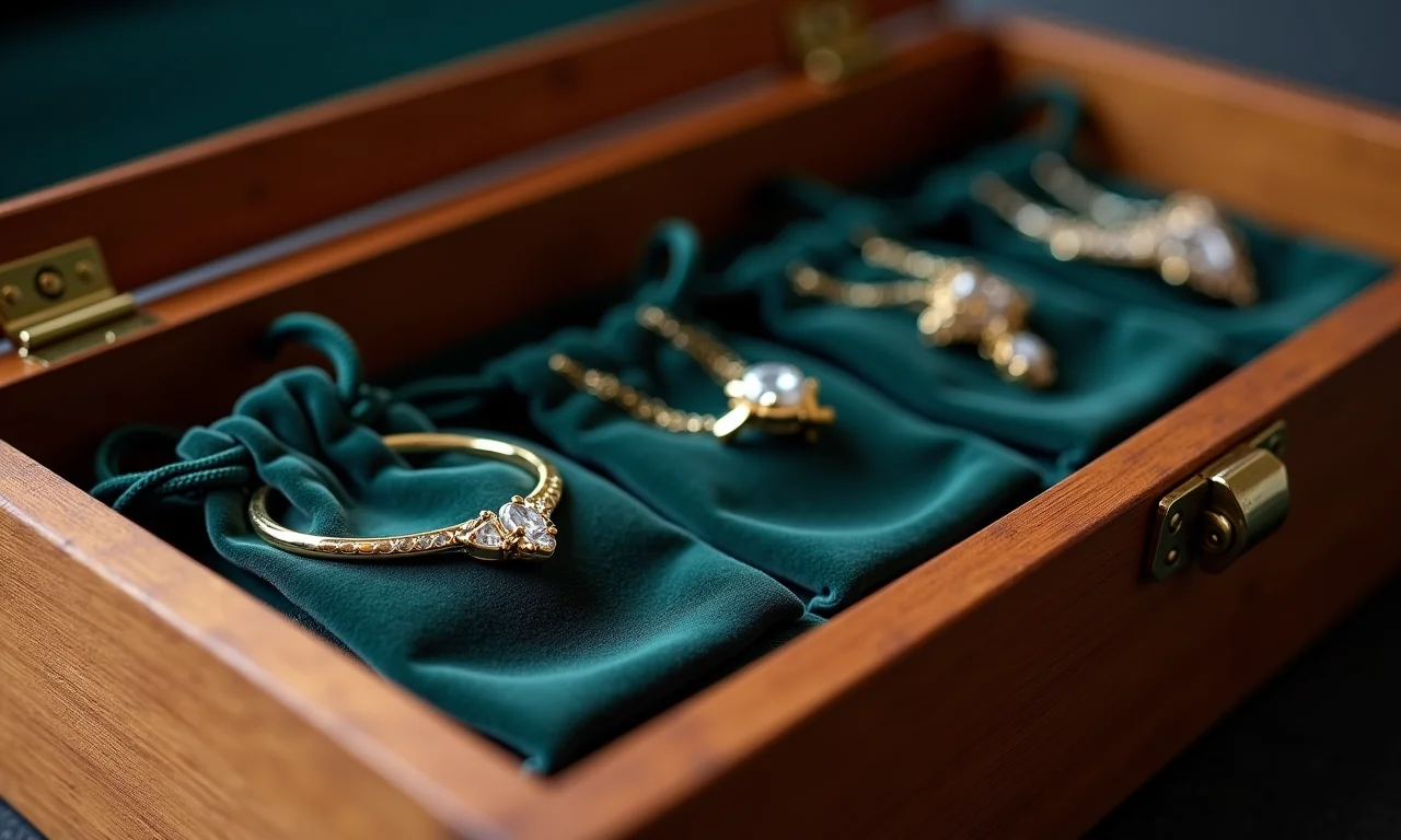 Bijuterias embaladas individualmente em saquinhos de veludo, dentro de uma caixa de madeira.