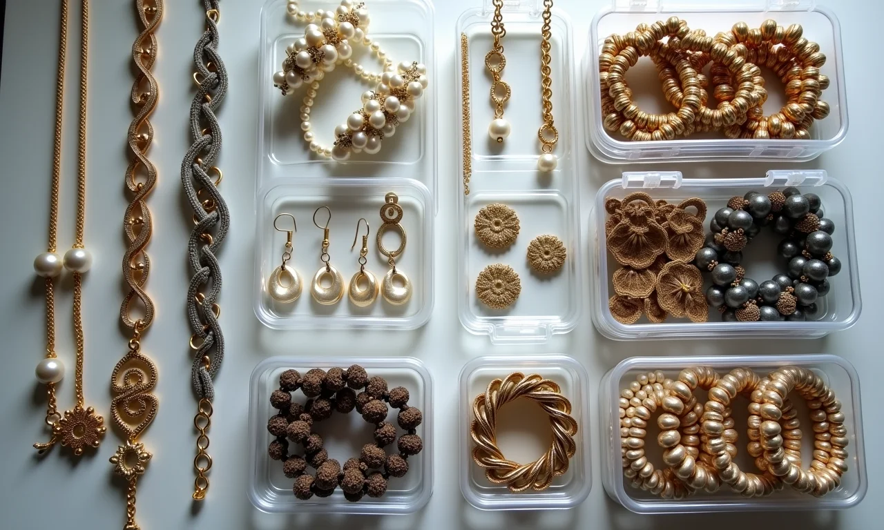Bijuterias guardadas em recipientes herméticos transparentes, protegendo do ar.