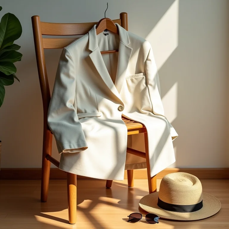Blazer de linho jogado sobre uma cadeira de madeira com chapéu e óculos de sol.
