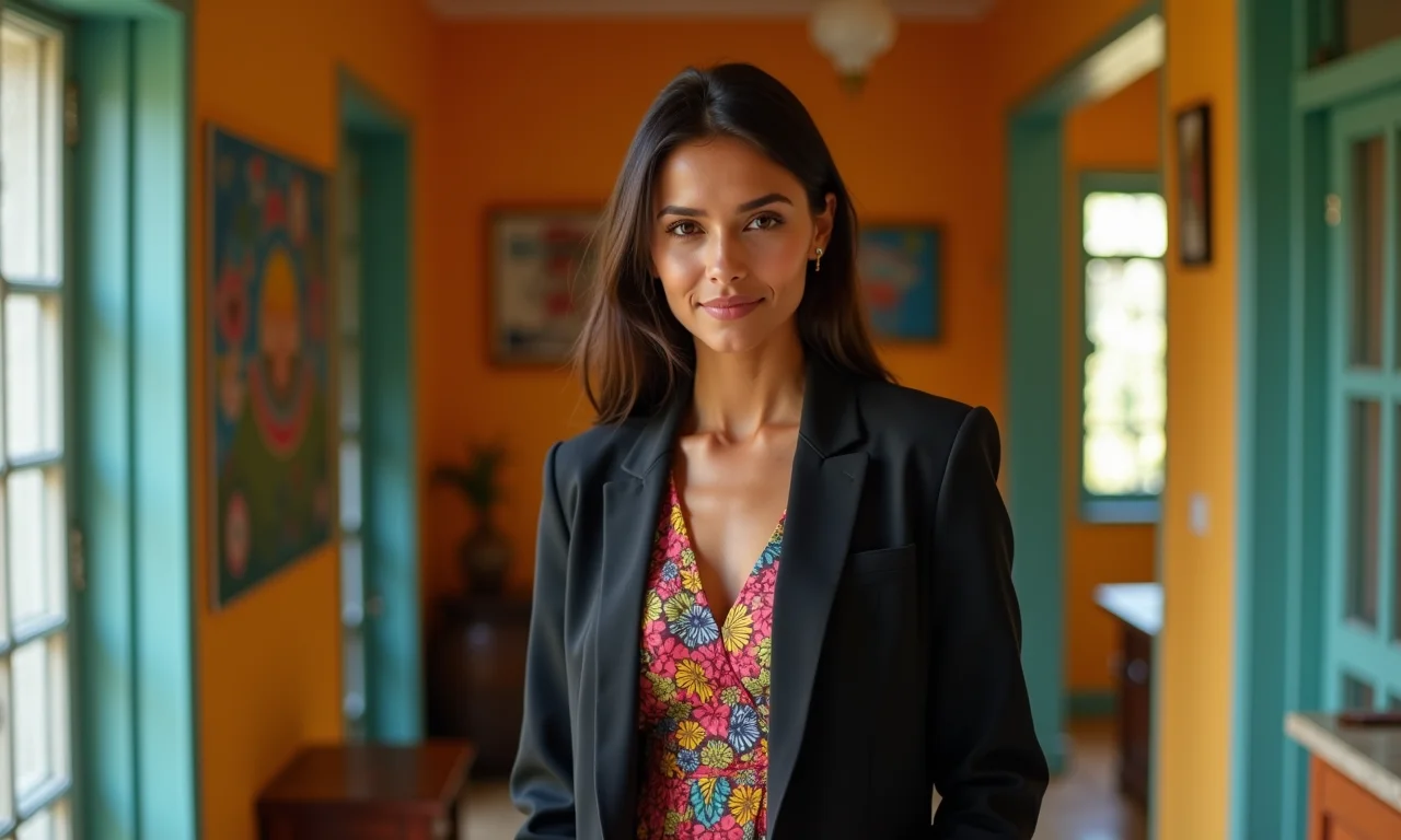 Blazer preto sobre um vestido colorido em uma casa brasileira vibrante.