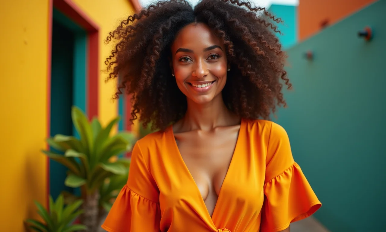 Blusa com corte em A em cenário brasileiro vibrante.