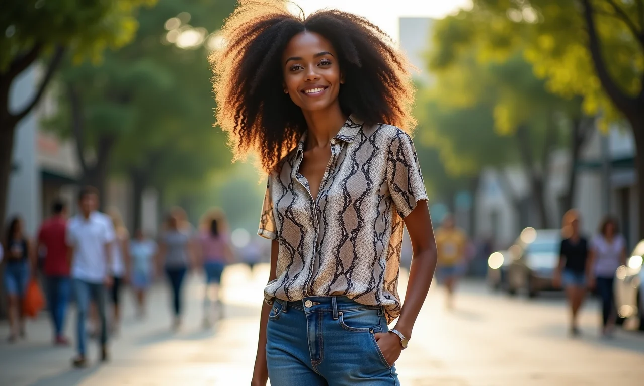 Blusa com estampa de cobra combinada com jeans em um look casual para o dia a dia.