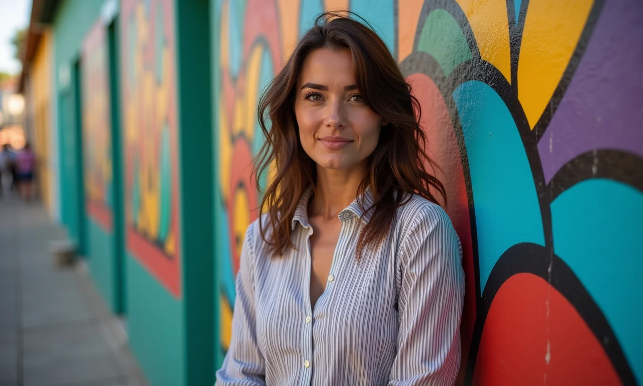 Blusa com estampas verticais alongando a silhueta em frente à arte de rua brasileira.