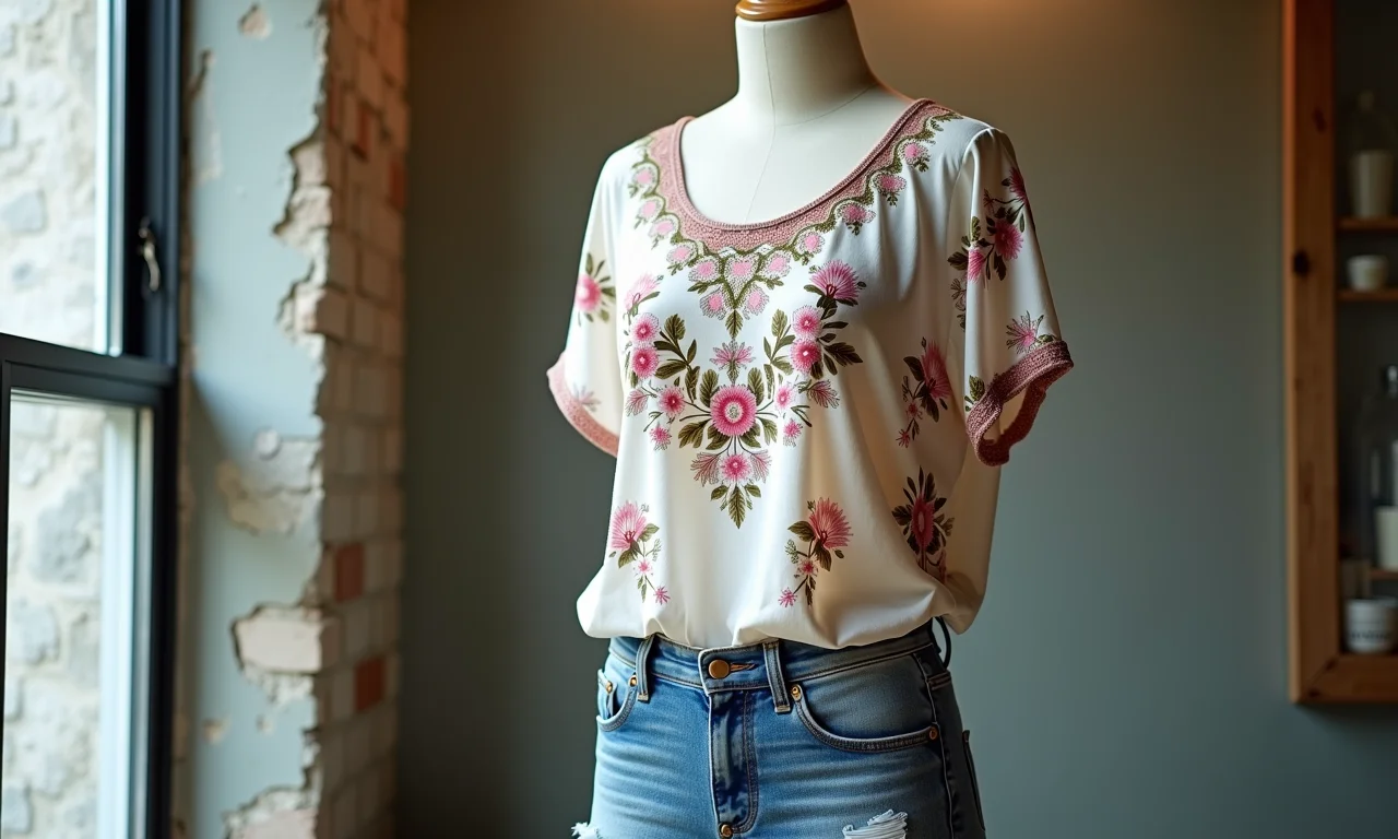 Blusa de laise estampada com shorts jeans.