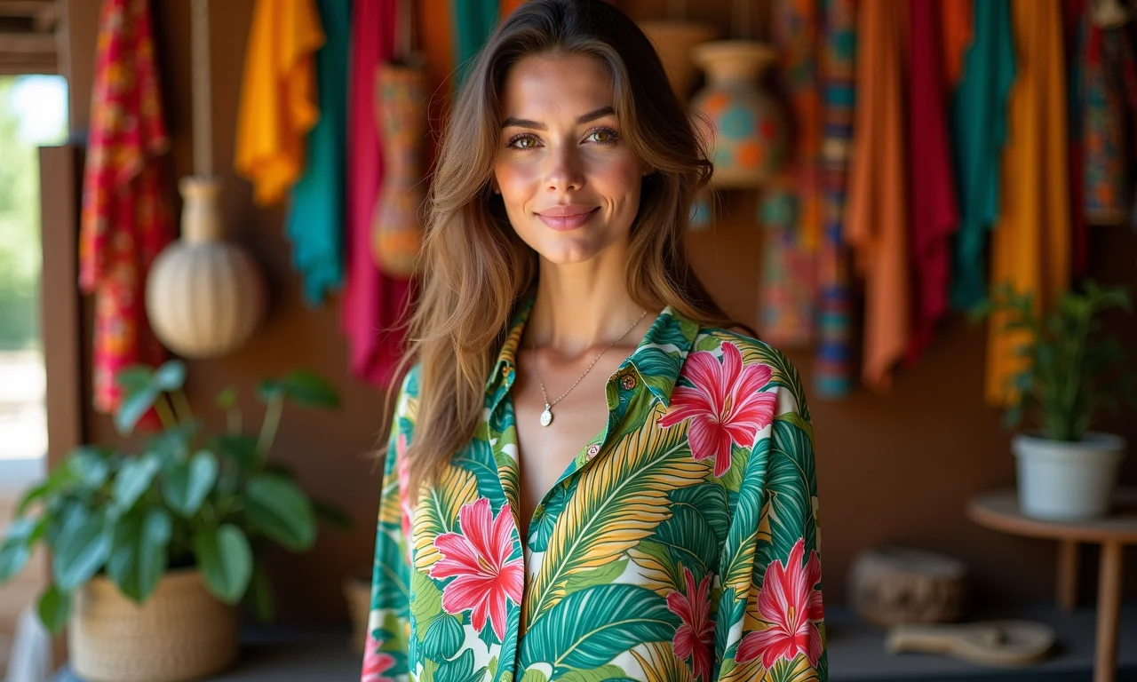 Blusa de seda estampada com fundo de artesanato brasileiro.