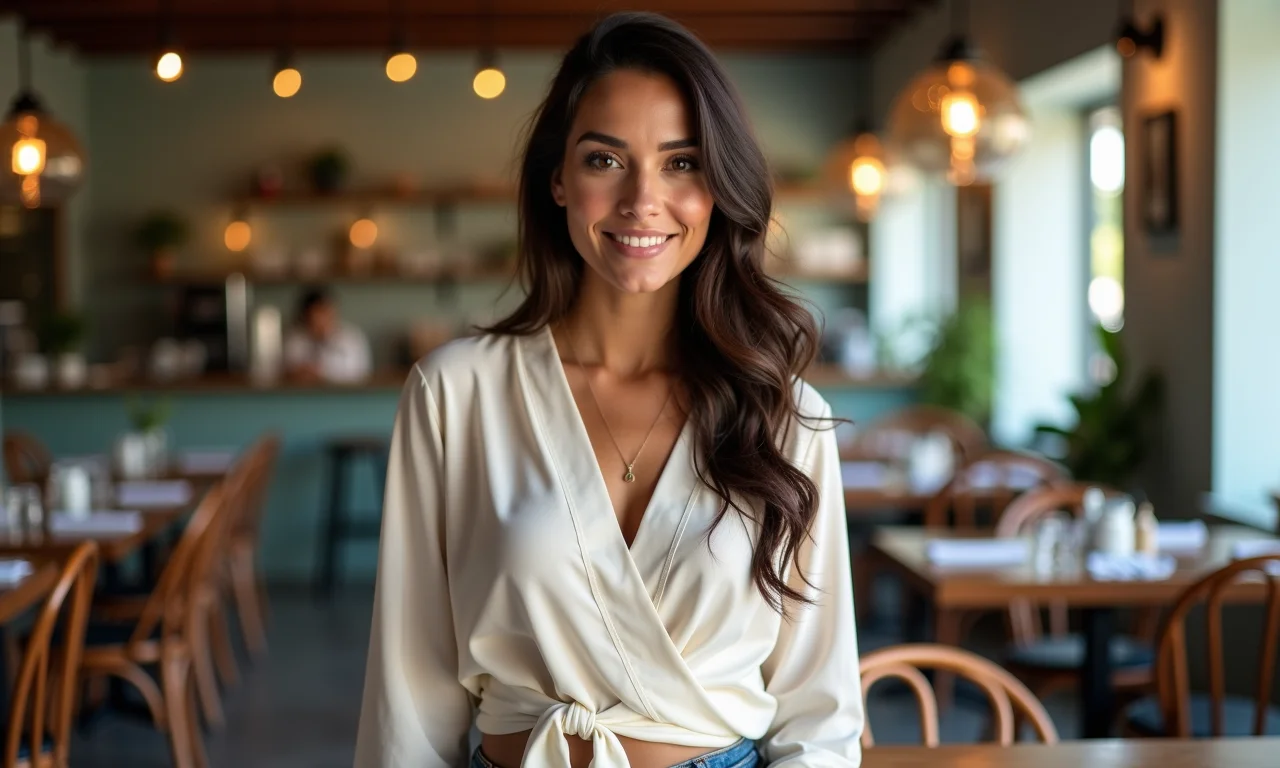 Blusa transpassada com amarração afinando a silhueta em café brasileiro.