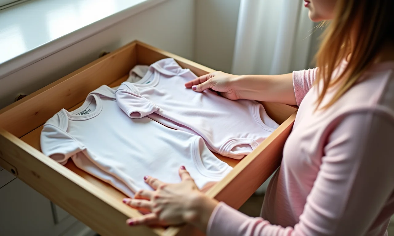 Bodies de bebê dobrados verticalmente e organizados em uma gaveta.