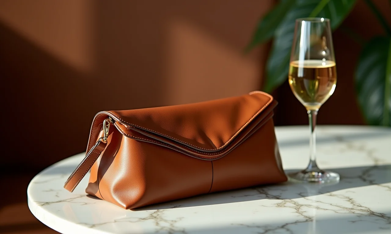 Bolsa clutch marrom elegante em mesa de mármore.