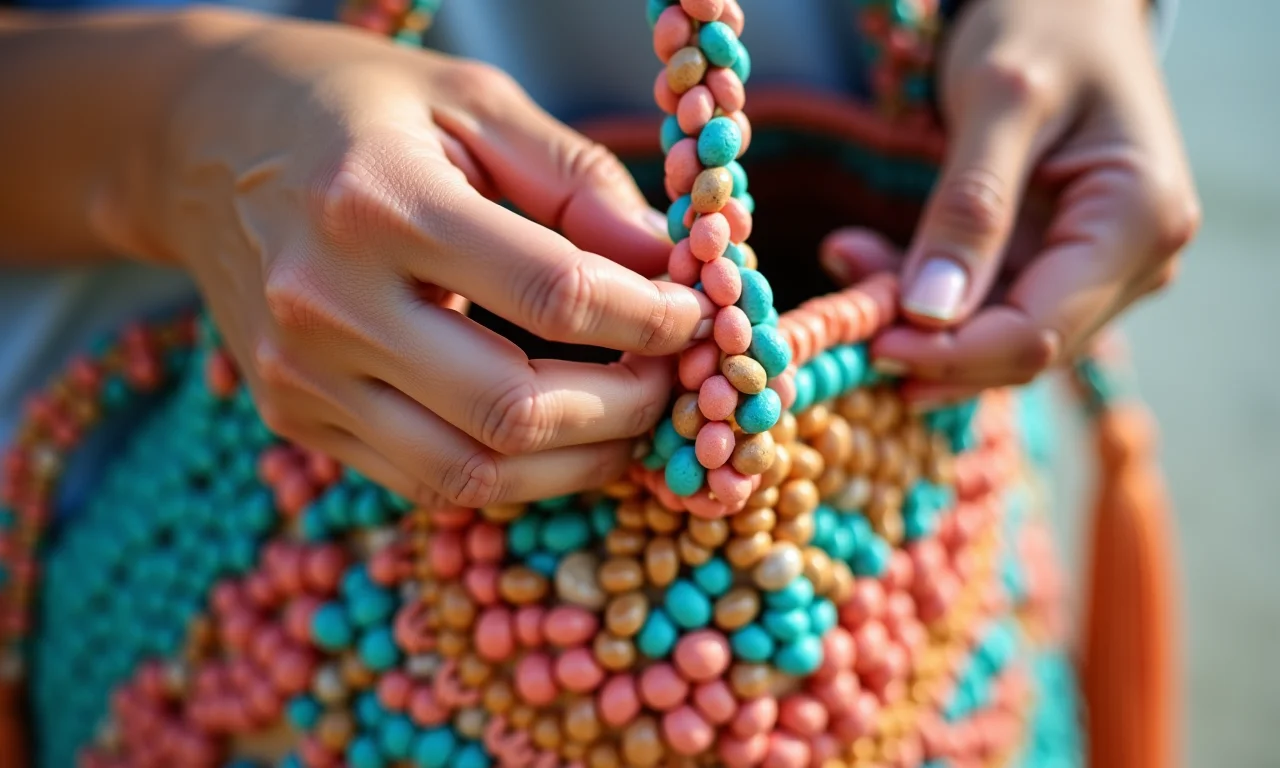 Bolsa de macramê com detalhes em miçangas.