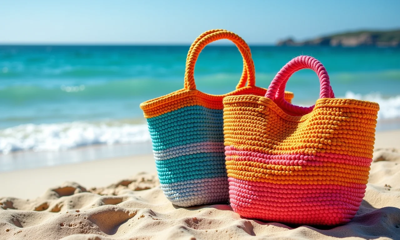 Bolsas de praia de crochê feitas com fio náutico colorido.