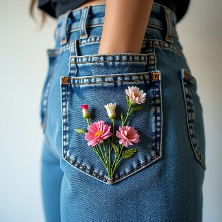 Bolso de jeans bordado com flores