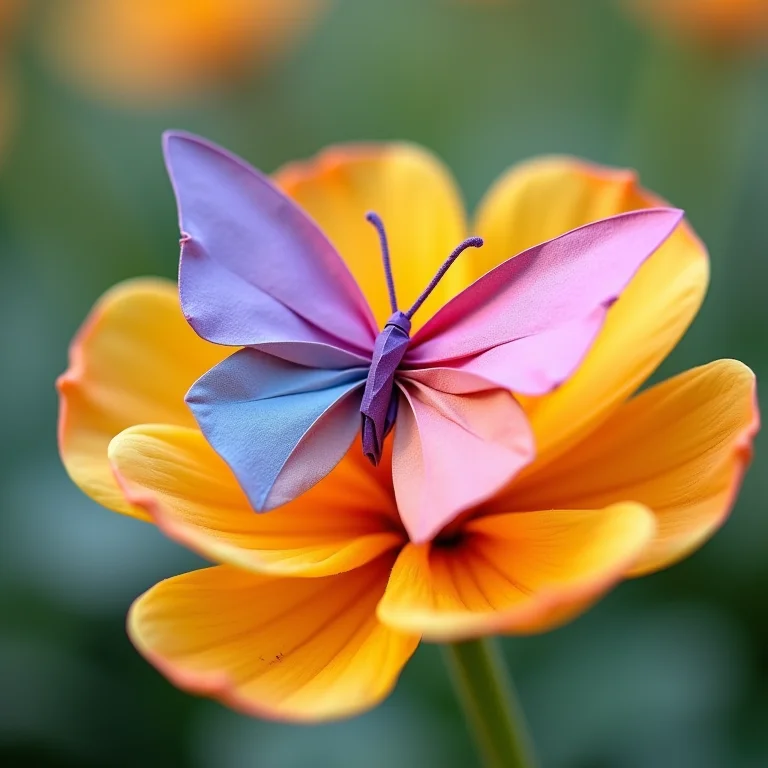 Borboleta encantadora feita com origami em cores vibrantes.