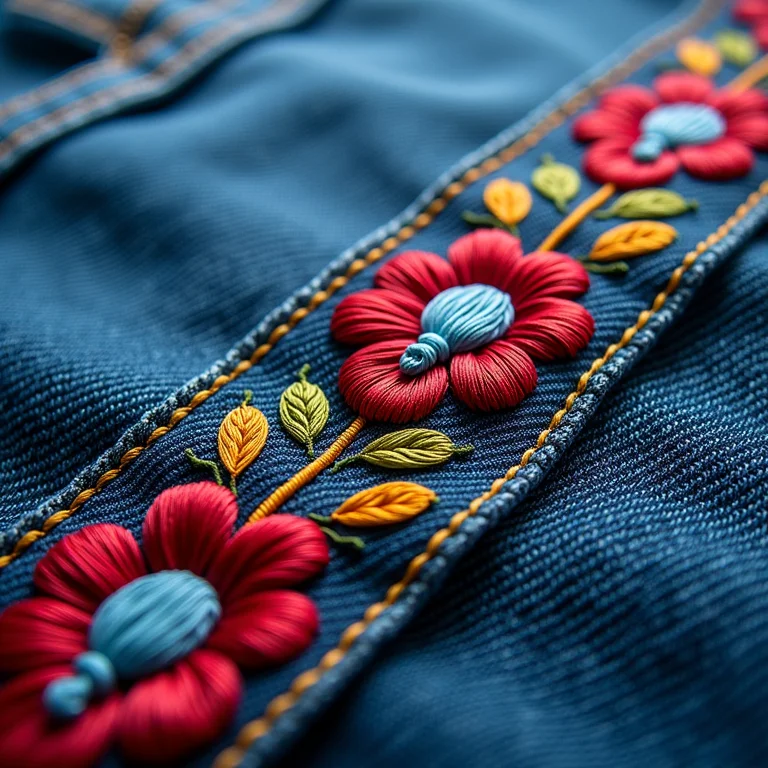 Bordado em ponto cheio com cores vibrantes em jeans.