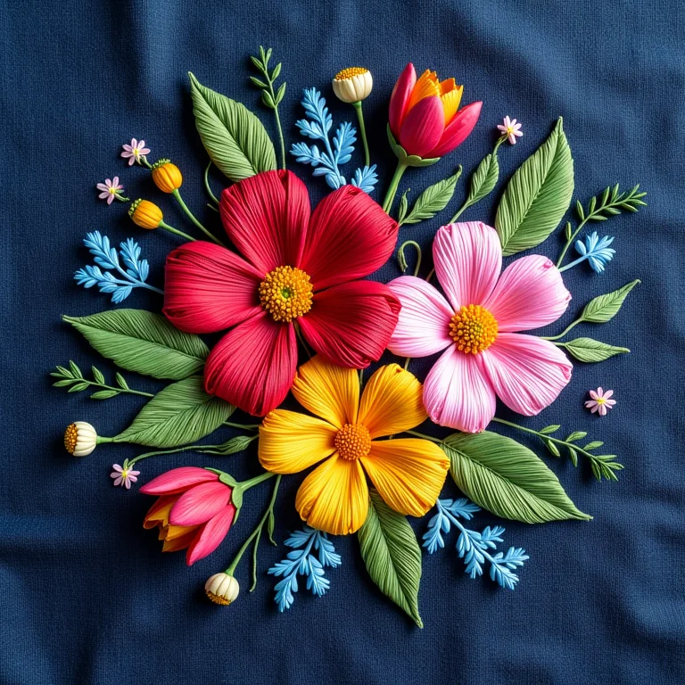 Bordado ponto cheio em jeans com flores coloridas