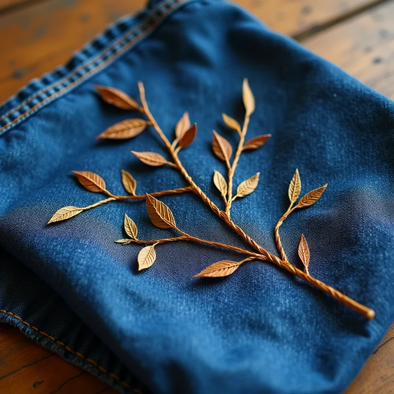 Bordado ponto haste em jeans com ramos e folhas