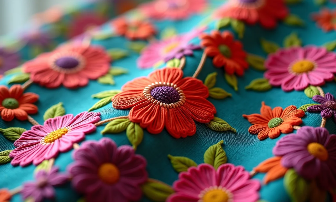 Bordados detalhados com cores vibrantes e padrões florais.
