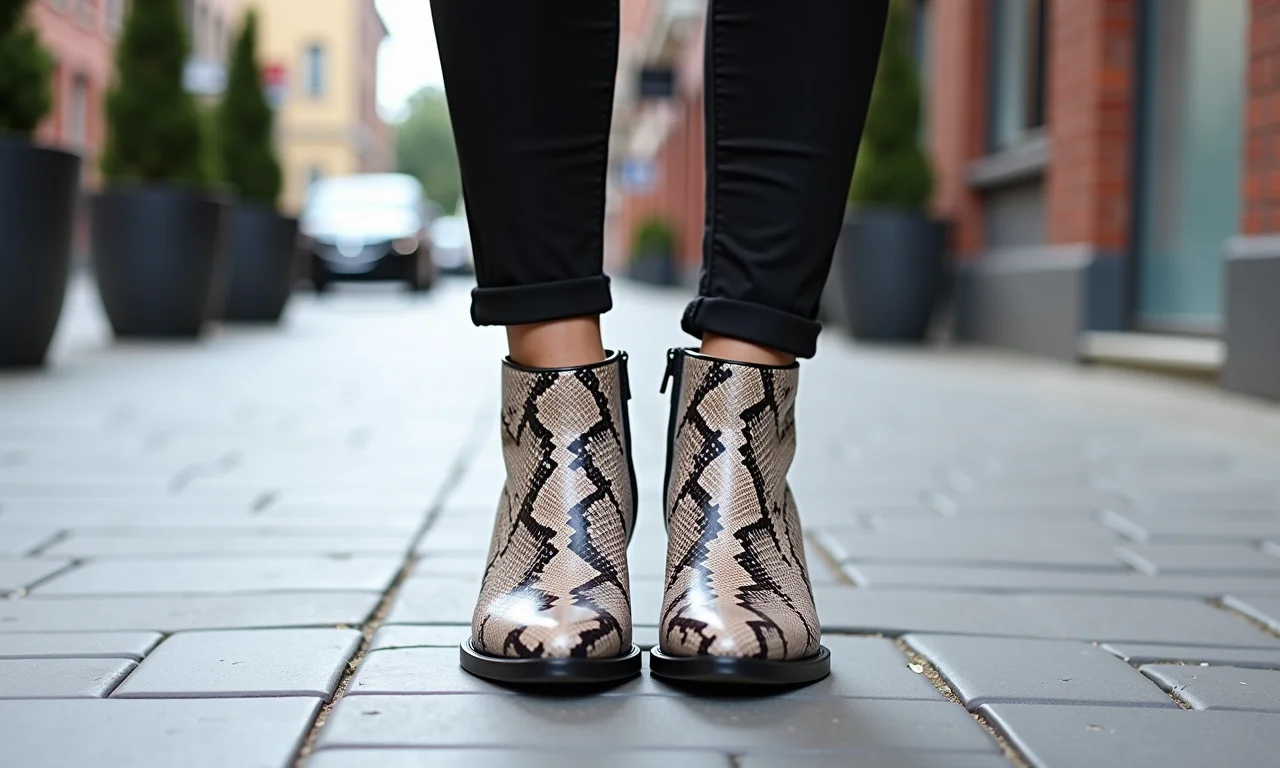 Botas de cano curto com estampa de cobra combinadas com calças pretas.